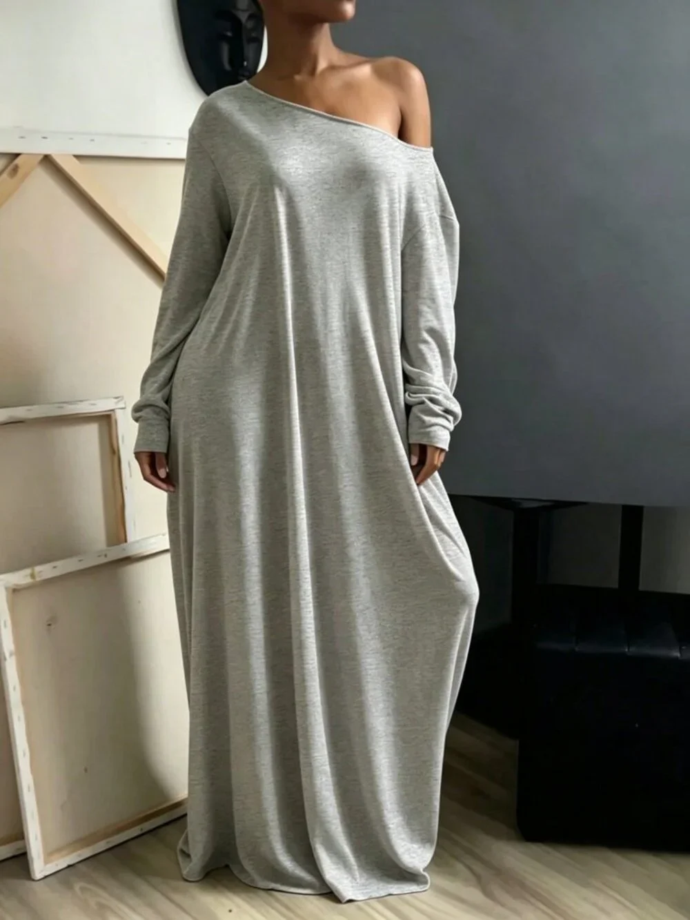 Grey Casual Women's Asymmetrical Shoulder Long Dress